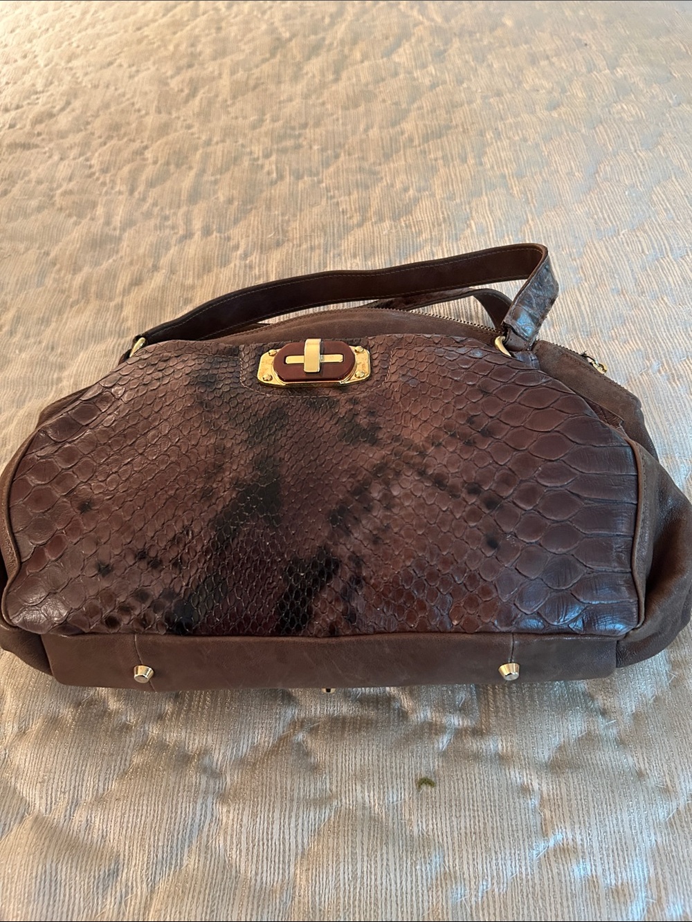 Brown Reptile-Embossed Shoulder Bag with Gold Turn-Lock